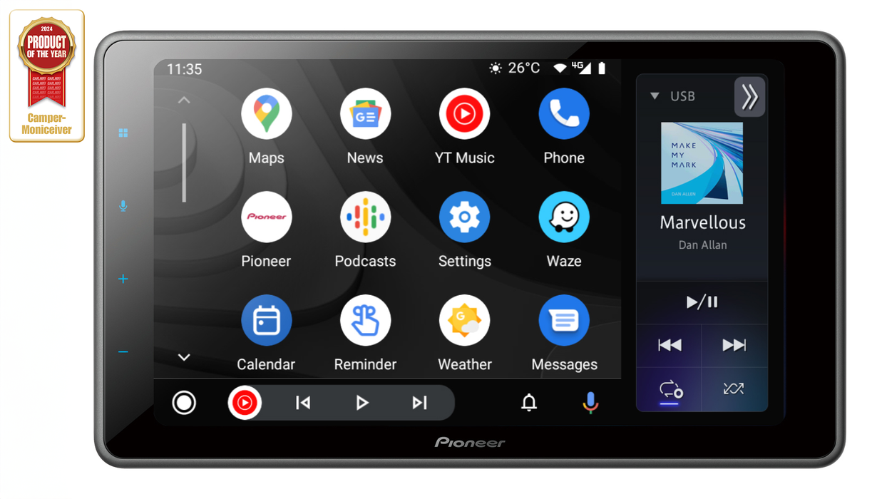 Pioneer Car-play 9" Single din floating spilari 3 x 4v RCA